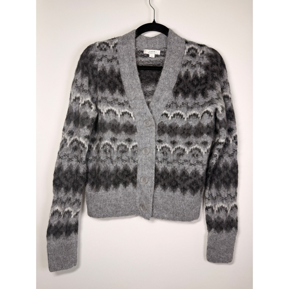 Vince Cardigan Women S Grey Fair Isle Alpaca Blend Shawl Collar Knit Sweater